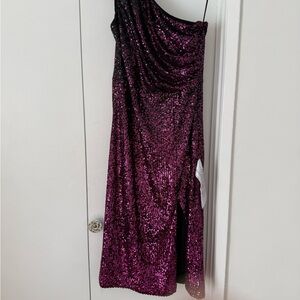 Reformation One Shoulder Sequin Dress in Black and Purple